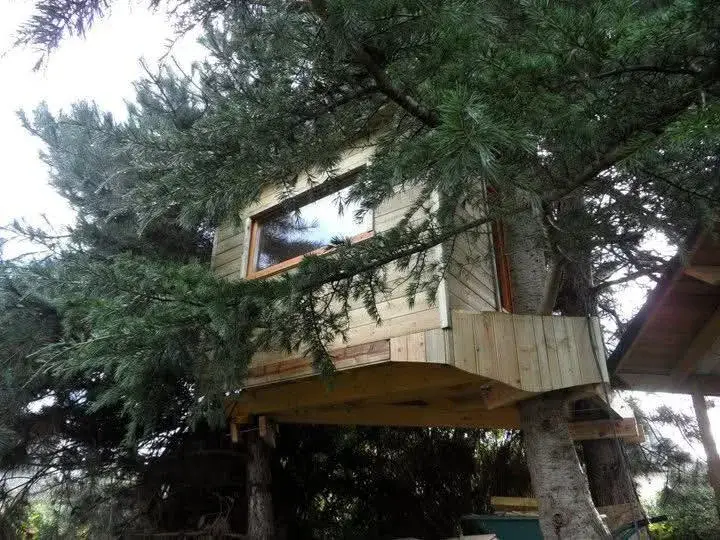 Façade d'une cabane perchée en bois fabriquée sur mesure